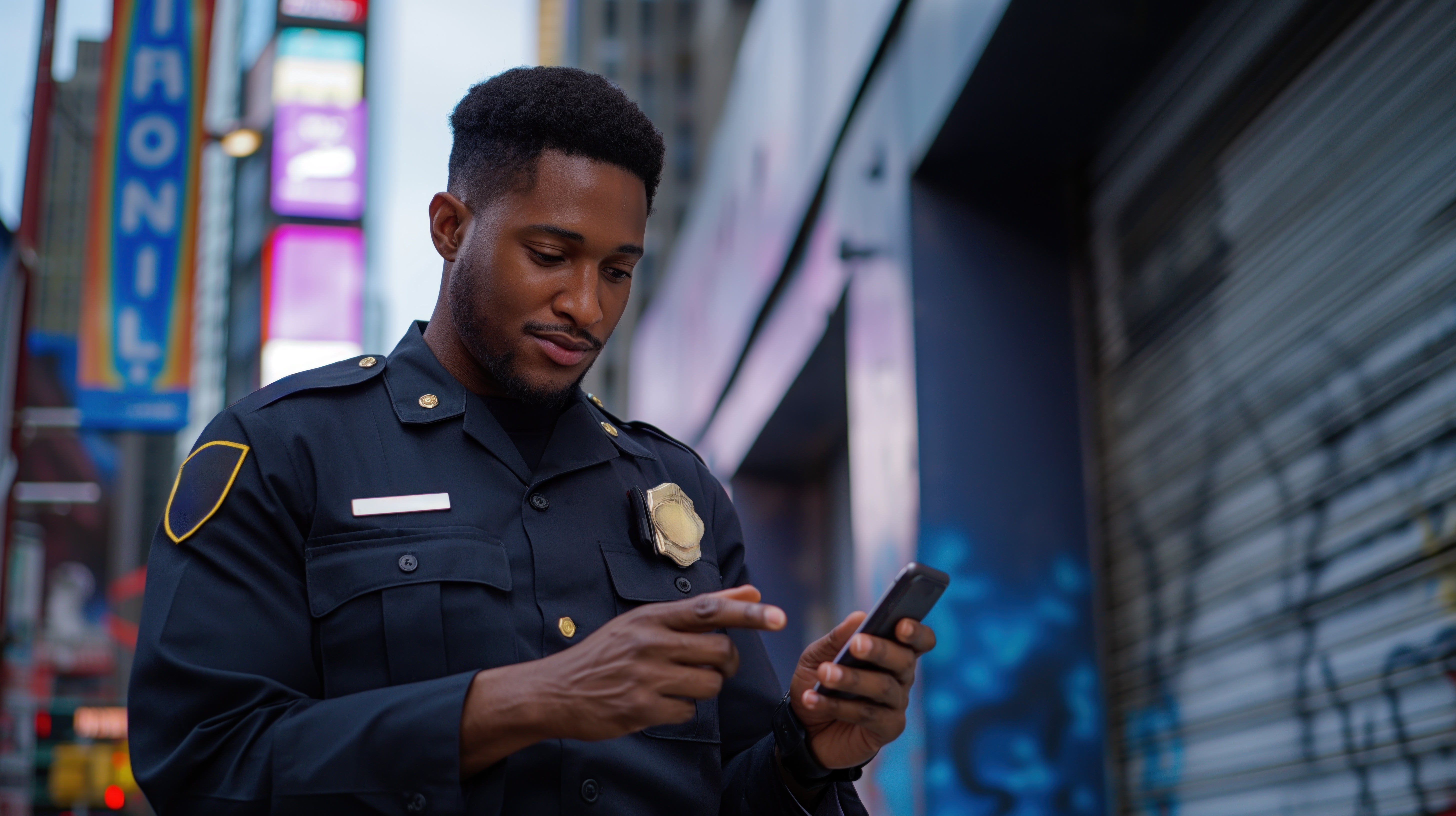Officer Checking Phone On City Street